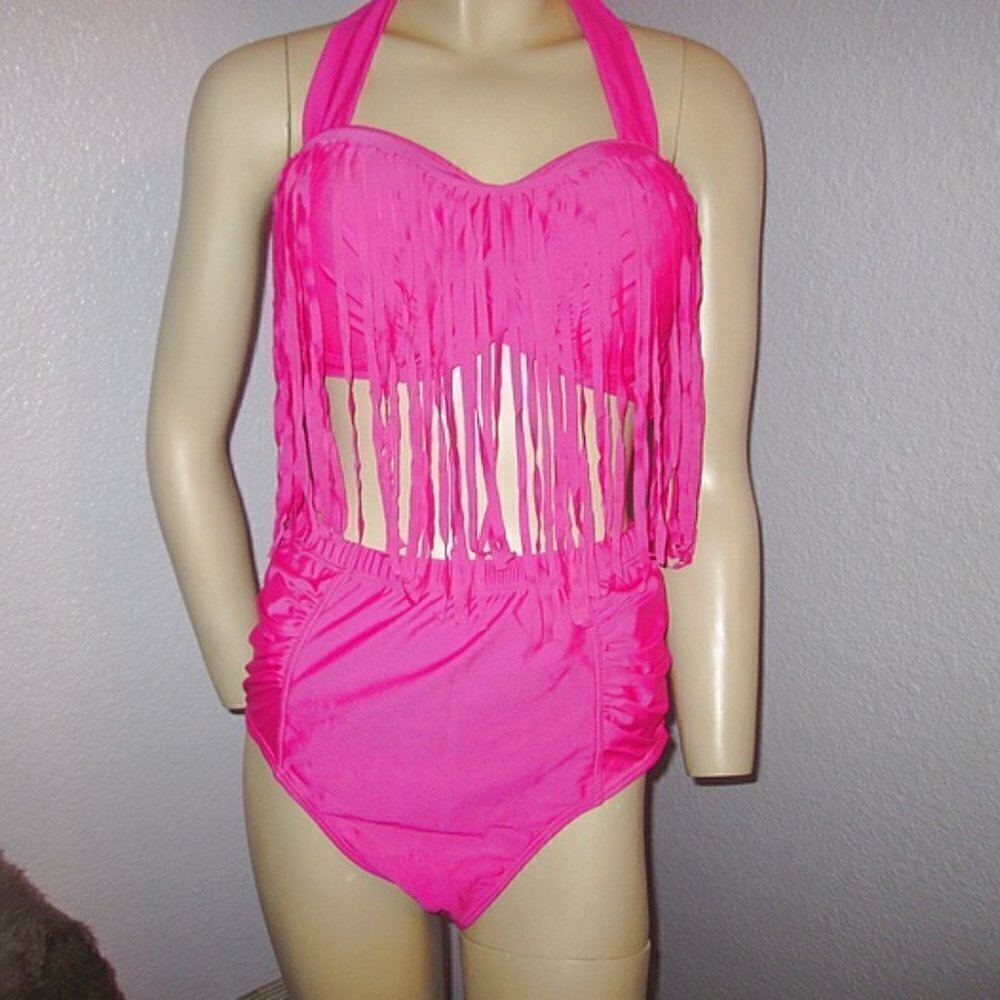 Hot Pink Bikini Size XXL High Waist 2 Piece Swimsuit Convertible Fringe Coquette